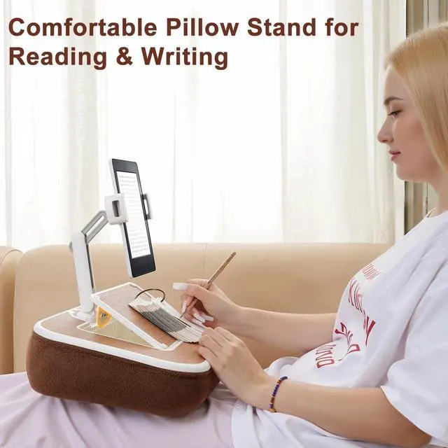 Alt view image 7 of 7 - Tablet Pillow Stand with Snack Bowl, 360° Rotating Laptop Lap Desk for 4.7-13" Kindle/Tablet/Phone, 11-15" Laptop, Pillow Kindle Holder for Hands-Free Reading in Bed, Couch,Floor -Brown