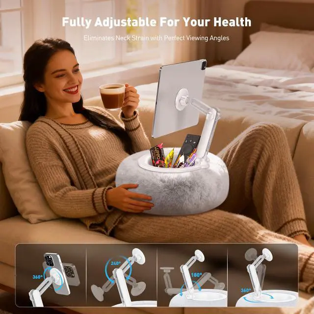 Alt view image 5 of 7 - Kindle Pillow Stand, Magnetic iPad Holder for Bed with Snack Bowl, 360° Adjustable Soft Tablet Lap Pillow for Reading, Compatible with Kindle, Tablet, Phone, Ideal Cozy Gift for Family(Gray)