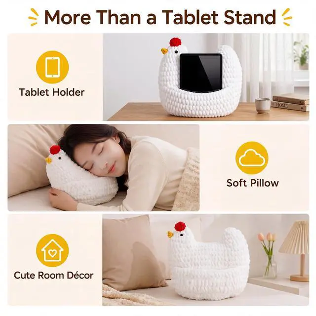 Alt view image 6 of 6 - Tablet E-Reader Pillow Stand 9.4 x 9.4 x 3.54 in, Cute Chicken Pillow for Tablet E-Reader, Hands Free Reading on Bed Couch, Ideal Gift for Girlfriends Day and Back to School