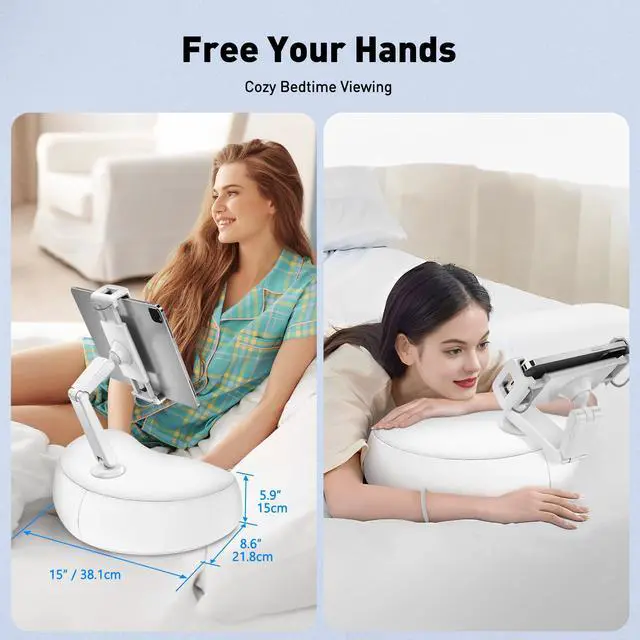 Alt view image 5 of 7 - Tablet Pillow Stand for Bed, Hands-Free 360° Adjustable iPad Pillow Holder for Lap Reading w/Soft Bean Bag, Ideal Gift for Mom, Fits 4.7" to 12.9" Tablet, Phone, Kindle, White