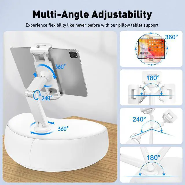 Alt view image 6 of 7 - Tablet Pillow Stand for Bed, Hands-Free 360° Adjustable iPad Pillow Holder for Lap Reading w/Soft Bean Bag, Ideal Gift for Mom, Fits 4.7" to 12.9" Tablet, Phone, Kindle, White