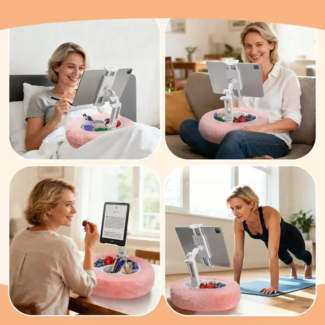 Alt view image 7 of 7 - Tablet Pillow Stand with 3 Detachable Snack Bowl, 360° Rotating Arm, Soft Plush Cushion, Hands-Free Pillow Holder for 4.7-13" iPad Kindle Phone, Ideal for Bed Couch Reading Watching