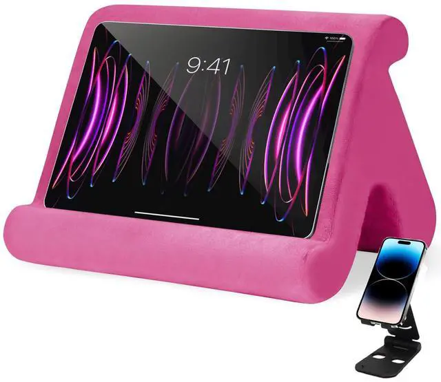 Main image of Universal Multi-Angle Tablet Stand Holder-Soft Pad Stand with black phone holder for Lap,Knee,Sofa and Bed,Compatible with iPad Pro 9.7,10.5,12.9 Air Mini 4 3,Kindle,Galaxy Tab,E-Reader (Pink)