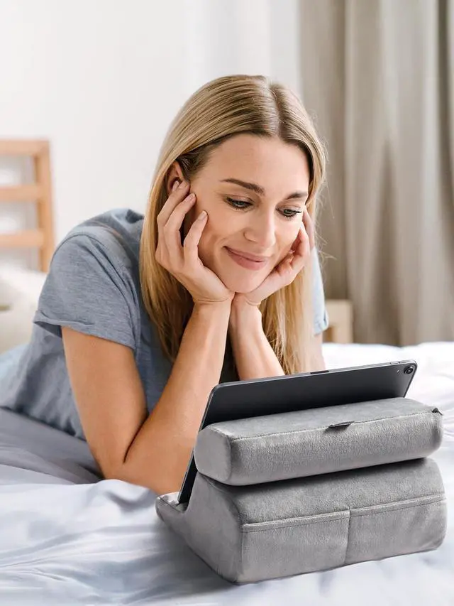 Alt view image 3 of 7 - Tablet Pillow Stand for Lap Soft Holder Bed with 3 Viewing Angles Adjustable Home Office Accessories Compatible with iPad Pro 13 12 11 10.5 Air Mini 5 4 3 2 Phone 16 15 14 E-Reader Grey