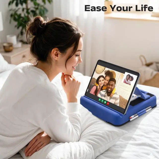Alt view image 2 of 7 - Tablet Pillow Stand, Multi-Angle Foldable iPad Holder for Bed, Sofa, Desk, Lap, Soft Pad Dock with Storage Pocket & Stylus Mount, for 4.7-13" Devices iPad,iPhone,E-Reader,Books (Blue)