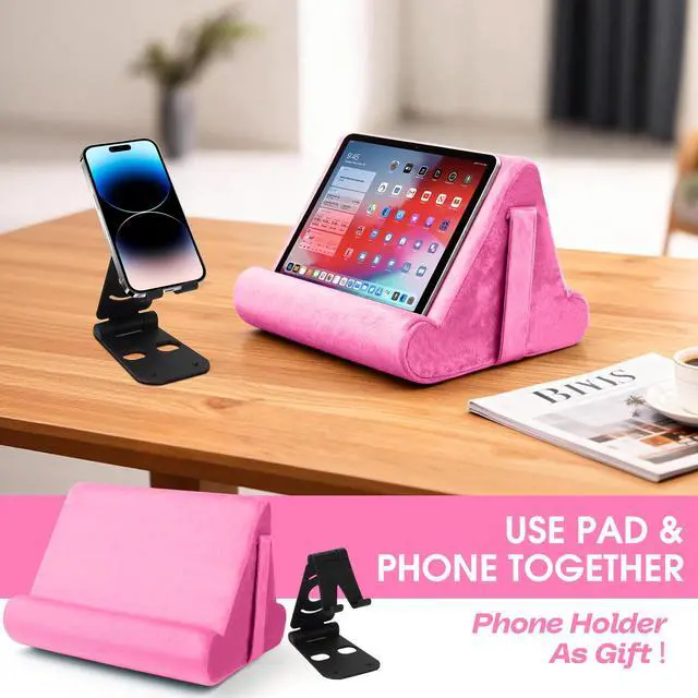 Alt view image 2 of 7 - Universal Multi-Angle Tablet Holder - Soft Pad Stand with Net Pocket & Phone Stands for Lap, Knee, Sofa and Bed(Pink)