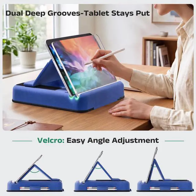 Alt view image 3 of 7 - Tablet Pillow Stand, Multi-Angle Foldable iPad Holder for Bed, Sofa, Desk, Lap, Soft Pad Dock with Storage Pocket & Stylus Mount, for 4.7-13" Devices iPad,iPhone,E-Reader,Books (Blue)