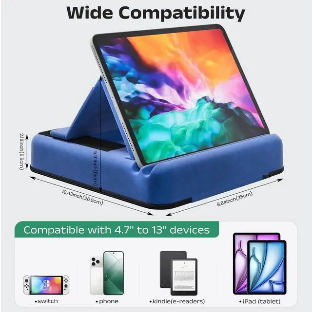 Alt view image 7 of 7 - Tablet Pillow Stand, Multi-Angle Foldable iPad Holder for Bed, Sofa, Desk, Lap, Soft Pad Dock with Storage Pocket & Stylus Mount, for 4.7-13" Devices iPad,iPhone,E-Reader,Books (Blue)
