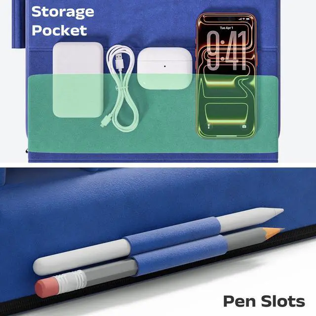 Alt view image 5 of 7 - Tablet Pillow Stand, Multi-Angle Foldable iPad Holder for Bed, Sofa, Desk, Lap, Soft Pad Dock with Storage Pocket & Stylus Mount, for 4.7-13" Devices iPad,iPhone,E-Reader,Books (Blue)