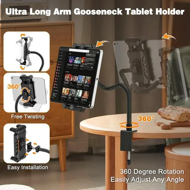 Alt view image 2 of 7 - Tablet Stand Holder, Gooseneck iPad Desk Mount with C-Clamp