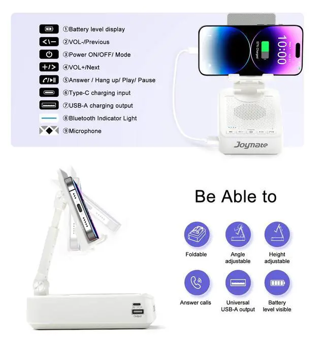Alt view image 4 of 7 - Gifts for Men Women, Bluetooth Speaker Phone Stand with Charging Function 360° Rotable Adjustable Cell Phone Holder HD Surround Sound for Desk Fits All Phones,Tablet (White)