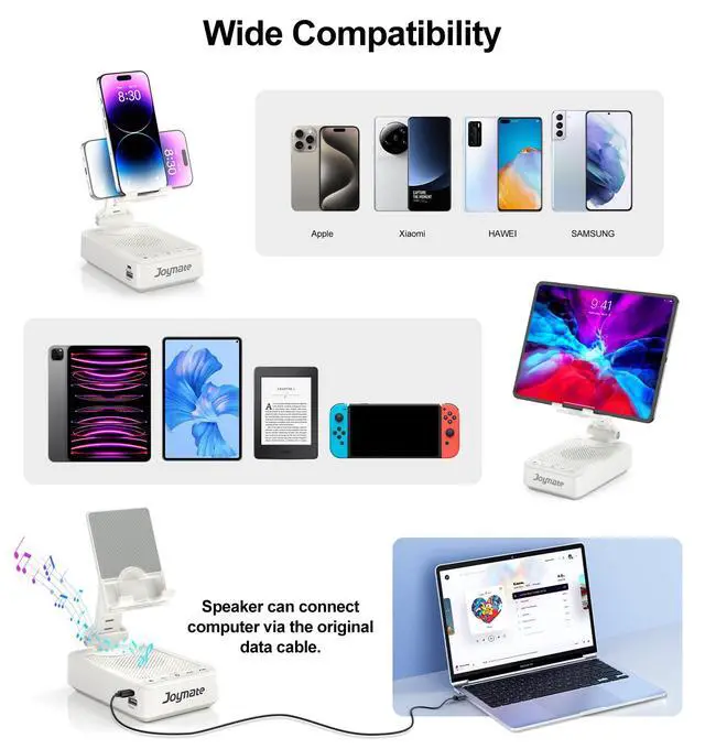 Alt view image 5 of 7 - Gifts for Men Women, Bluetooth Speaker Phone Stand with Charging Function 360° Rotable Adjustable Cell Phone Holder HD Surround Sound for Desk Fits All Phones,Tablet (White)