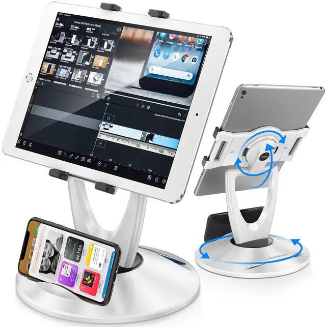 Main image of 360 Rotating Tablet Stand for POS Kiosk & Desk, Foldable iPad Holder with Phone Organizer Base, Swivel Counter Mount for Retail & Office, Fits iPad Pro 12.9, Air, Mini, All 4-13 Devices