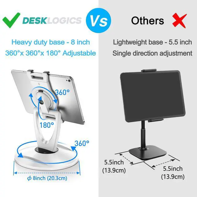 Alt view image 3 of 7 - 360 Rotating Tablet Stand for POS Kiosk & Desk, Foldable iPad Holder with Phone Organizer Base, Swivel Counter Mount for Retail & Office, Fits iPad Pro 12.9, Air, Mini, All 4-13 Devices