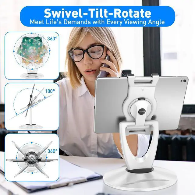 Alt view image 4 of 7 - 360 Rotating Tablet Stand for POS Kiosk & Desk, Foldable iPad Holder with Phone Organizer Base, Swivel Counter Mount for Retail & Office, Fits iPad Pro 12.9, Air, Mini, All 4-13 Devices