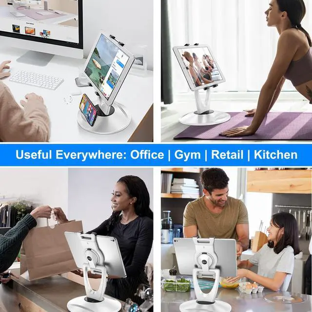 Alt view image 6 of 7 - 360 Rotating Tablet Stand for POS Kiosk & Desk, Foldable iPad Holder with Phone Organizer Base, Swivel Counter Mount for Retail & Office, Fits iPad Pro 12.9, Air, Mini, All 4-13 Devices