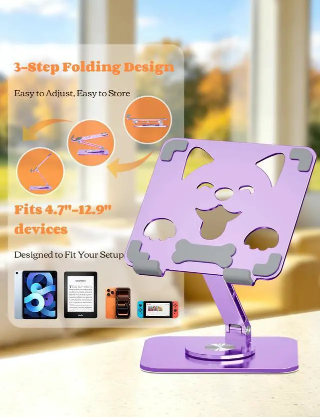 Alt view image 2 of 7 - Adjustable Tablet Stand, 360° Rotating Aluminum Holder, Purple