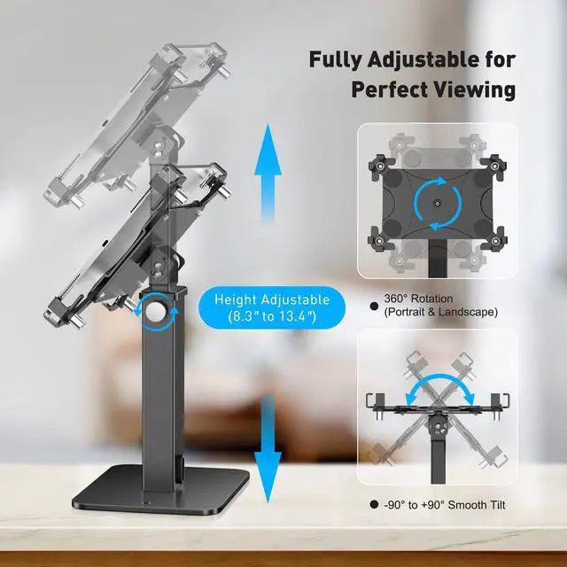 Alt view image 5 of 7 - Anti-Theft iPad Kiosk Stand, 360 Rotation & Adj. Height 8.3"13.4", Heavy-Duty Steel & Aluminum, Fits 9.7"-13" Tablets, Security Retail POS Tablet Stand for Business & Commercial Use