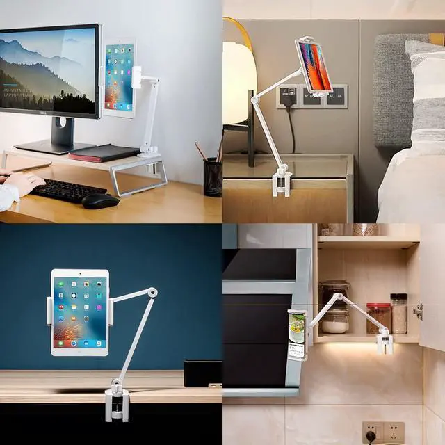Alt view image 2 of 6 - iPad Desk Mount, Adjustable Tablet Holder Clamp, 360 degree Rotation, Sturdy Aluminum Tablet Arm Mount for 4.7"-13" iPad Pro/Air/Mini, iPhone, Galaxy Tab, for Kitchen, Work, Video Call(White)