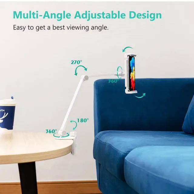 Alt view image 3 of 6 - iPad Desk Mount, Adjustable Tablet Holder Clamp, 360 degree Rotation, Sturdy Aluminum Tablet Arm Mount for 4.7"-13" iPad Pro/Air/Mini, iPhone, Galaxy Tab, for Kitchen, Work, Video Call(White)