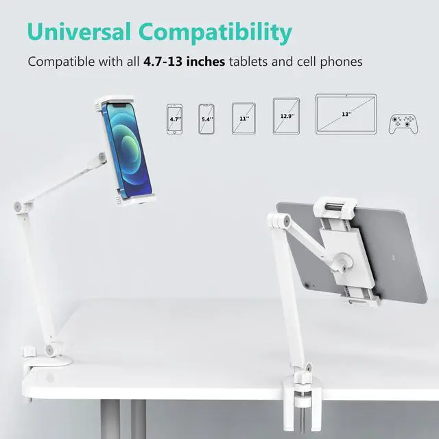 Alt view image 4 of 6 - iPad Desk Mount, Adjustable Tablet Holder Clamp, 360 degree Rotation, Sturdy Aluminum Tablet Arm Mount for 4.7"-13" iPad Pro/Air/Mini, iPhone, Galaxy Tab, for Kitchen, Work, Video Call(White)