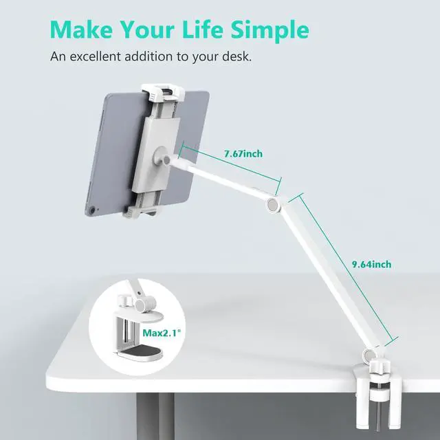 Alt view image 5 of 6 - iPad Desk Mount, Adjustable Tablet Holder Clamp, 360 degree Rotation, Sturdy Aluminum Tablet Arm Mount for 4.7"-13" iPad Pro/Air/Mini, iPhone, Galaxy Tab, for Kitchen, Work, Video Call(White)