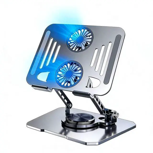 Main image of Laptop Tablet Cooling Stand with 360° Rotation Base and USB Dual Cooler, Adjustable Height Support Compatible with Tablets, iPad, 10-17" Notebook (Silver)