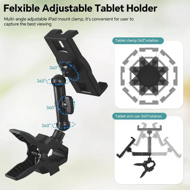 Alt view image 3 of 7 - Tablet Holder Jaws Flex Clamp Clip Mount,360°Adjustable Aluminium Alloy Arm iPad Stand for Desk/Table/Post/Board,Compatible with 4.7~12.9" iPad/Nexus/e-Reader/Switch/Fire HD/iPhone