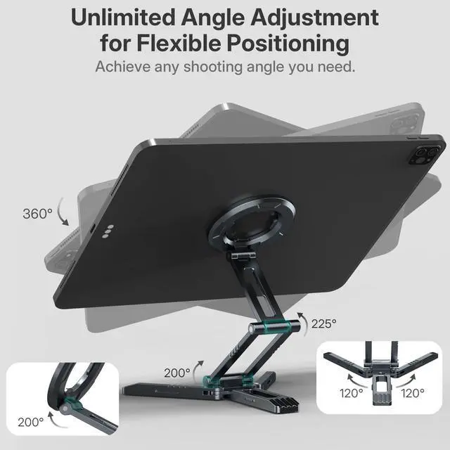 Alt view image 2 of 7 - Magnetic iPad Tripod Stand Universal for iPad Pro/Air/Mini & iPhone 15-12 Series | 360° Rotation Portable Tablet Holder with 2-in-1 Desktop & Handheld Modes | Lightweight 105g