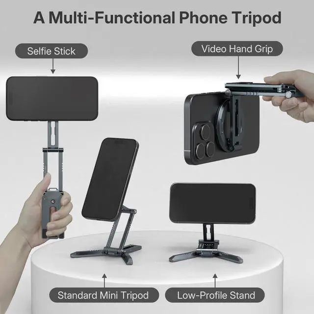 Alt view image 4 of 7 - Magnetic iPad Tripod Stand Universal for iPad Pro/Air/Mini & iPhone 15-12 Series | 360° Rotation Portable Tablet Holder with 2-in-1 Desktop & Handheld Modes | Lightweight 105g