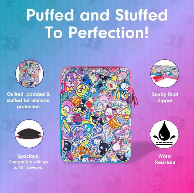 Alt view image 3 of 7 - Sanrio | Puffy Laptop Sleeve | 15-16 Inch, Quilted Pillow Puffer Laptop Carrying Case, Computer Sleeve | Hello Kitty & Friends Stickers