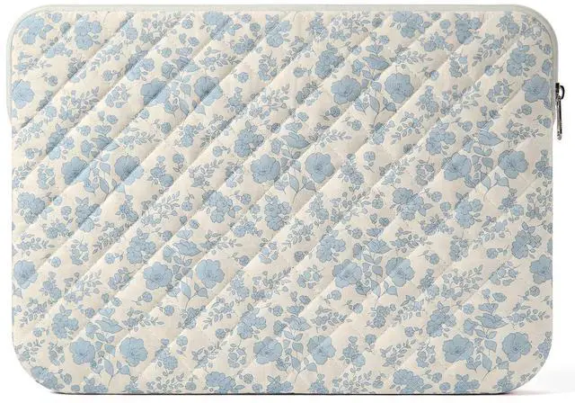 Main image of 13-14 inch Cotton Quilted Laptop Sleeve for Women, Aesthetic Puffy Laptop Case Carrying Bag Compatible with MacBook Air/Pro 13/Pro 14, Soft Computer Liner Bag (Blue Floral, 13.3 inch)