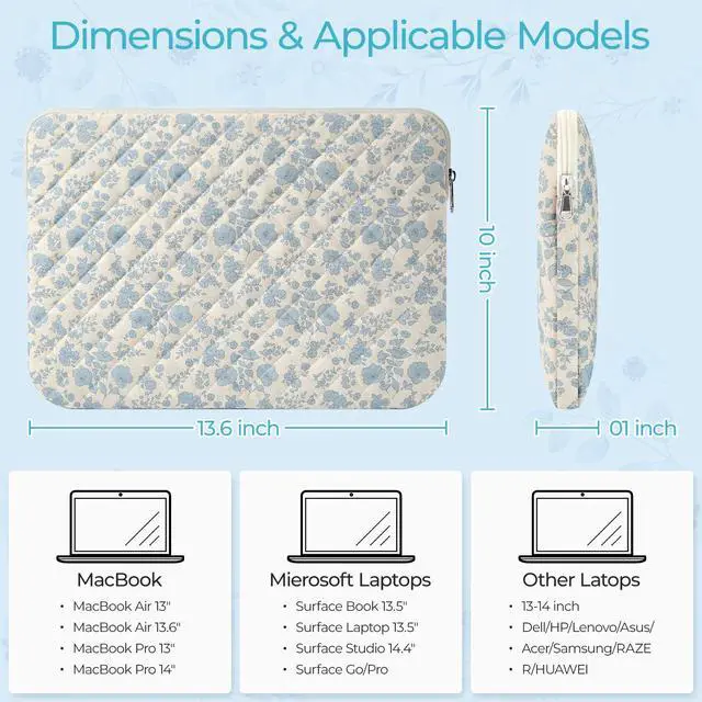 Alt view image 2 of 7 - 13-14 inch Cotton Quilted Laptop Sleeve for Women, Aesthetic Puffy Laptop Case Carrying Bag Compatible with MacBook Air/Pro 13/Pro 14, Soft Computer Liner Bag (Blue Floral, 13.3 inch)