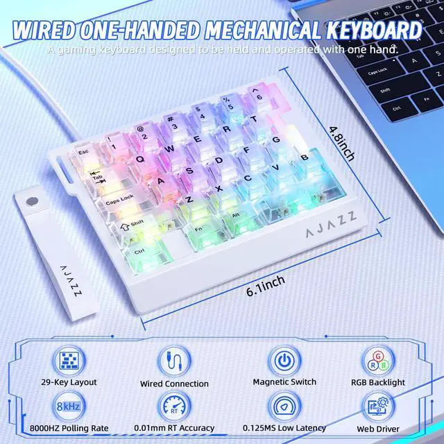 Alt view image 2 of 7 - AK029 Wired 29 Keys One-Handed RGB Gaming Keyboard with 8000HZ,0.01mm RT Magnetic Switches Adjustable Actuation,Hotswappable Mechanical Keyboard,Aluminum Plate,Web Driver for Gamers-Transparent White