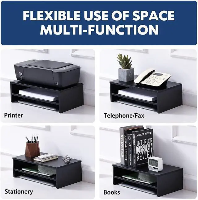 Alt view image 4 of 7 - Wooden Monitor Stand Riser, 2-Tier Desk Storage Shelf, Black