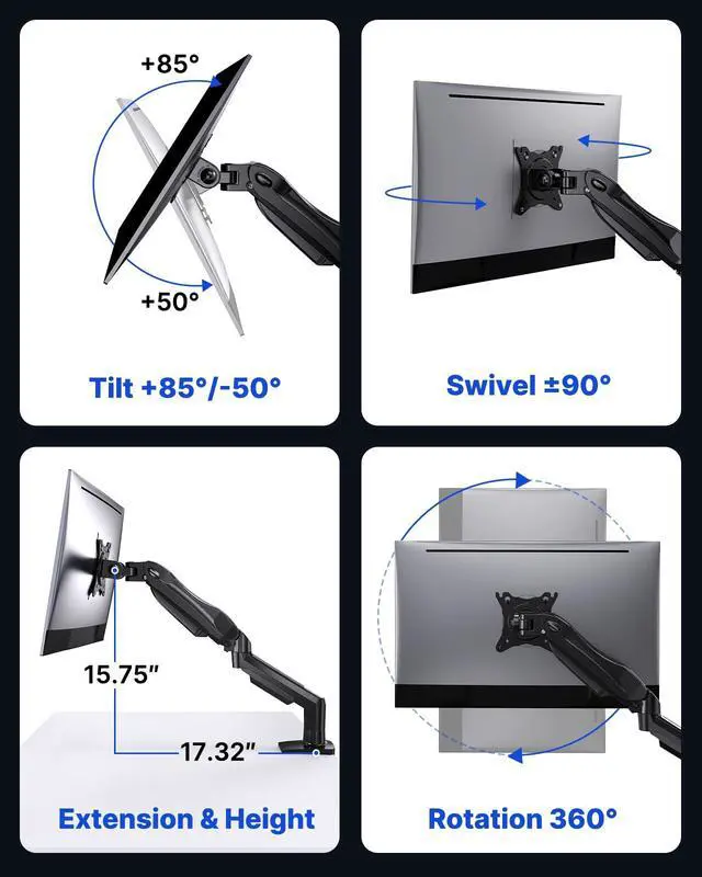 Alt view image 5 of 7 - FlowLift Single Monitor Mount, 13 to 32 Inch Monitor Arm, Adjustable Monitor Stand, Vesa Mount with Clamp and Grommet Base - Fits 4.4 to 19.8lbs LCD Computer Monitors