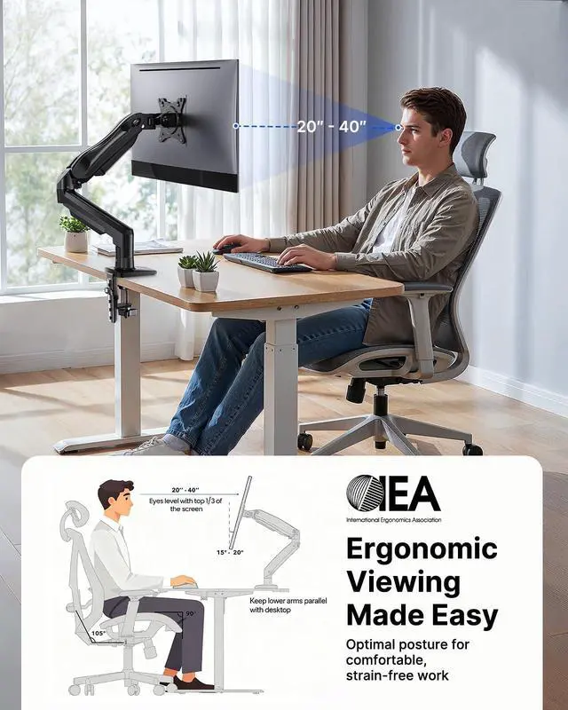 Alt view image 6 of 7 - FlowLift Single Monitor Mount, 13 to 32 Inch Monitor Arm, Adjustable Monitor Stand, Vesa Mount with Clamp and Grommet Base - Fits 4.4 to 19.8lbs LCD Computer Monitors