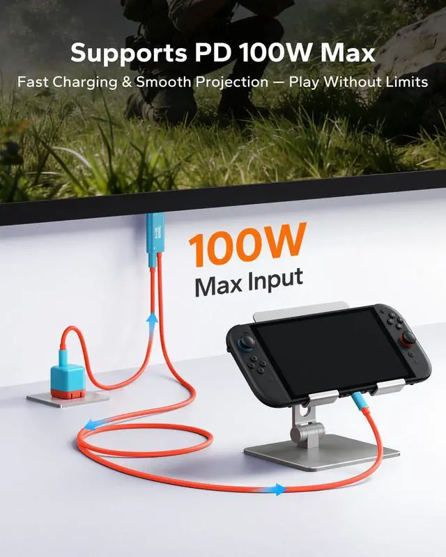 Alt view image 6 of 7 - Switch 2 (22.0.0+) Dock HDMI Cable 4K@144Hz HDR, 6.6ft USB-C to HDMI 2.1 48Gbps High-Speed TV Dock, 100W PD Play While Charging Portable Travel HDMI Adapter, Compatible with Switch 2/2017/OLED
