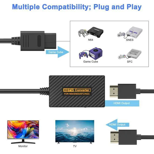 Alt view image 2 of 7 - N64 to HDMI Adapter, N64 HDMI, HDMI Converter for N64/Game Cube/SNES/SFC Support 16:9/4:3 Conversion with Link Cable and USB Cable