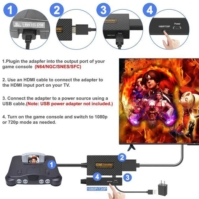 Alt view image 6 of 7 - N64 to HDMI Adapter, N64 HDMI, HDMI Converter for N64/Game Cube/SNES/SFC Support 16:9/4:3 Conversion with Link Cable and USB Cable