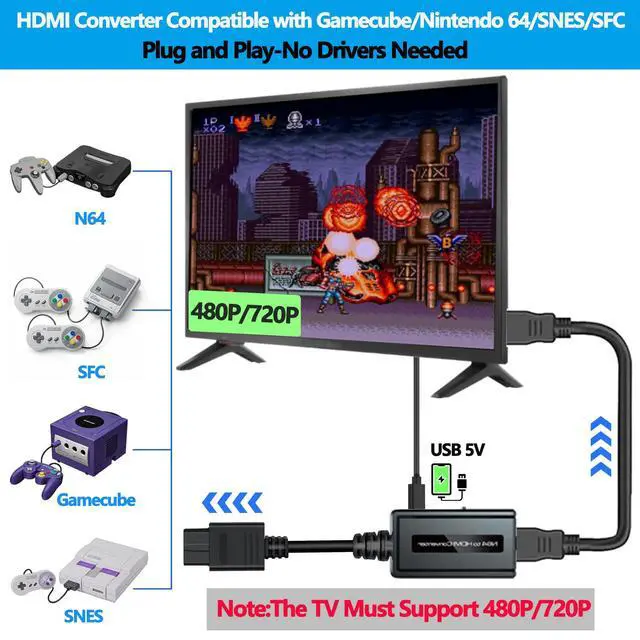 Alt view image 2 of 6 - N64 to HDMI Adapter,Converter Adapter Supports 4:3/16:9 Aspect Ratio Switching Output,Compatible with Gamecube/N64/SNES/SFC Console,Converter with USB Cable