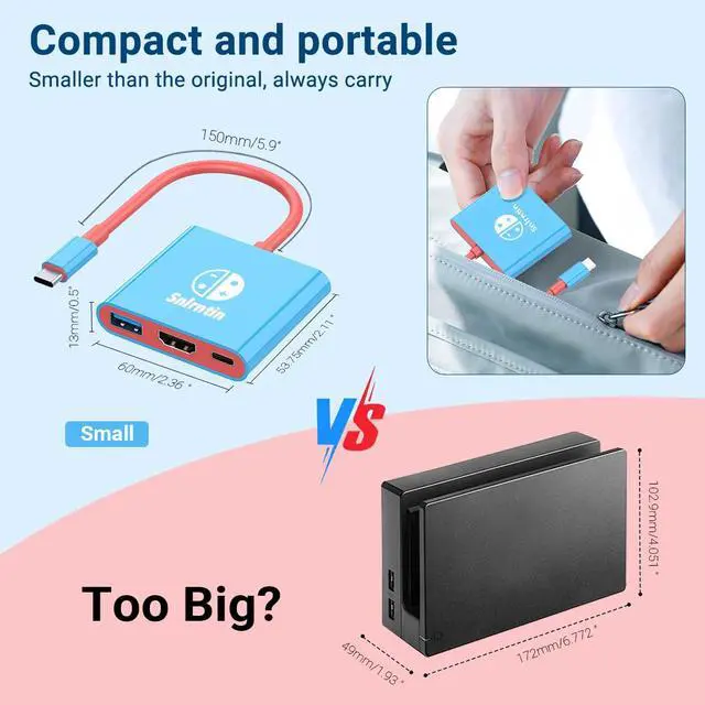 Alt view image 6 of 6 - Docking Station for Nintendo Switch, 3-Port USB C Multiport Digital AV Converter Adapter with 4K HDMI USB 3.0 100W Charging Port, Switch Travel Dock with HDMI for MacBook Pro, Dell XPS, HP, etc