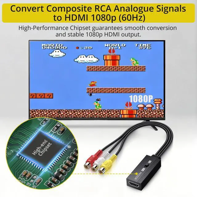 Alt view image 7 of 7 - RCA to HDMI Converter - 4:3/16:9 Switch, AV to HDMI Adapter for TV