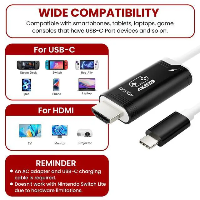 Alt view image 4 of 7 - 4K 60Hz PD100W USB C to HDMI Cable Only for Nintendo Switch 2/Switch/Steam Deck/ROG Ally/Laptop 2m/6.6FT, Portable USB-C to HDMI Replaces Original Switch Dock for TV Screen Mirroring, Black