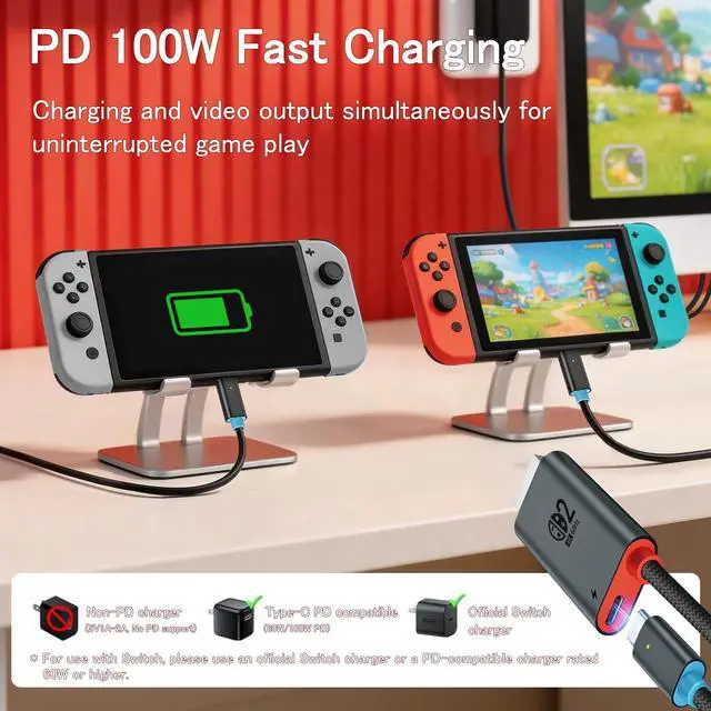 Alt view image 4 of 7 - for Switch 2 Dock HDMI Adapter, 4K@60Hz TV Output, PD 100W USB-C Fast Charging, Type-C to HDMI Cable Compatible with Switch 2/OLED/Steam Deck/ROG Ally/Laptops/Phones