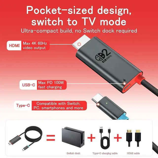Alt view image 2 of 7 - for Switch 2 Dock HDMI Adapter, 4K@60Hz TV Output, PD 100W USB-C Fast Charging, Type-C to HDMI Cable Compatible with Switch 2/OLED/Steam Deck/ROG Ally/Laptops/Phones