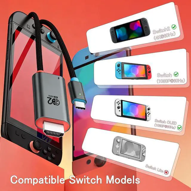 Alt view image 5 of 7 - for Switch 2 Dock HDMI Adapter, 4K@60Hz TV Output, PD 100W USB-C Fast Charging, Type-C to HDMI Cable Compatible with Switch 2/OLED/Steam Deck/ROG Ally/Laptops/Phones