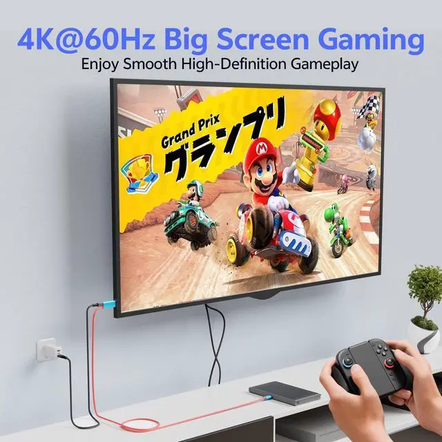 Alt view image 2 of 6 - Switch 2 Portable Dock Cable, USB C to HDMI Cable with 100W PD Charging, 4K@60Hz HDR TV Dock Replacement for Switch 2/1/OLED, Plug & Play Travel Docking Cable for Monitor, Projector, TV(Blue&Red)