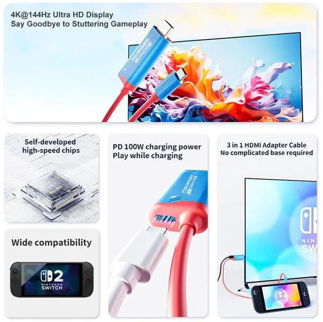 Alt view image 4 of 7 - Switch 2 Portable Dock Cable, USB C to HDMI Adapter Cable with PD 100W Charging, 4K@144Hz TV Dock for Switch OLED, Steam Deck, ROG Ally, Travel Mini Dock