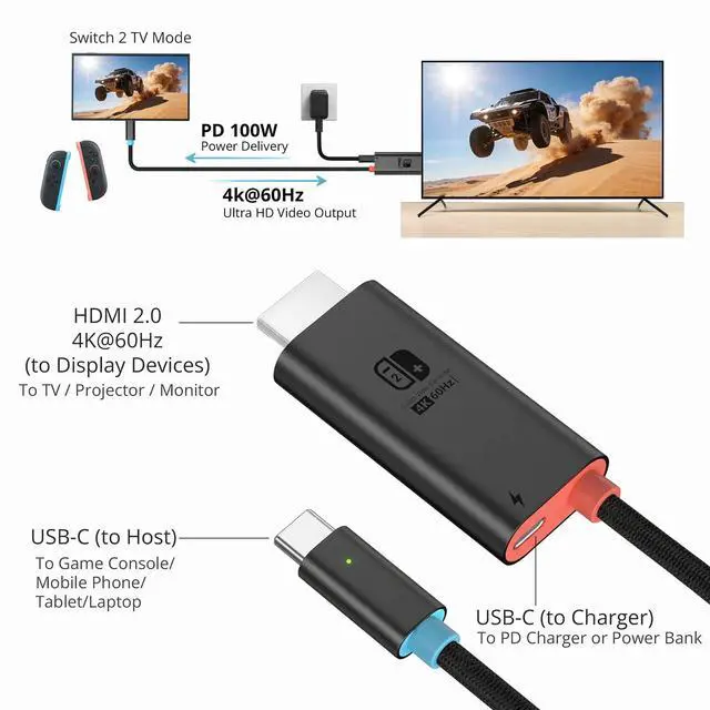 Alt view image 2 of 6 - Switch 2 Dock HDMI Cable 6.56ft / 2m, 4K@60Hz HDR HDMI 2.0 TV Adapter, 100W PD 3.0 Fast Charging Portable Docking Station Compatible with Nintendo Switch 2/OLED/Steam Deck/ROG Ally X